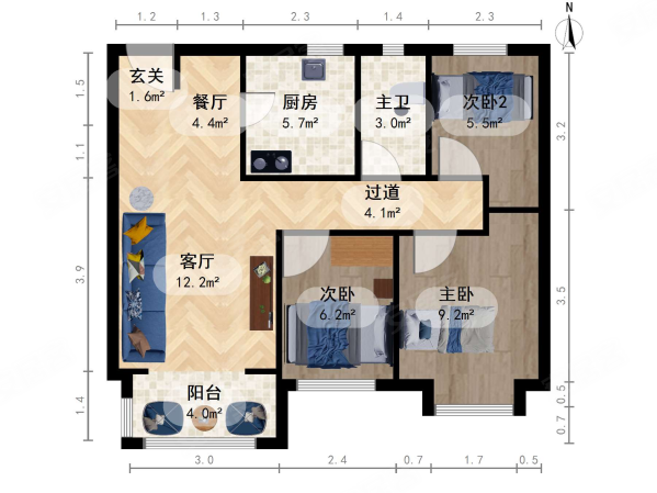 九和府3室2厅1卫93.96㎡南北180万