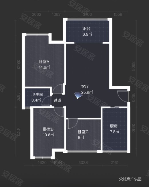 凤凰山1号3室2厅1卫88.92㎡东106万