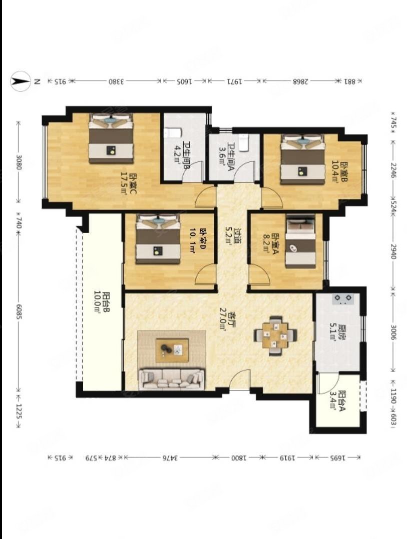 龙湖香港置地学樘府(一期)4室2厅2卫119.95㎡南北167万
