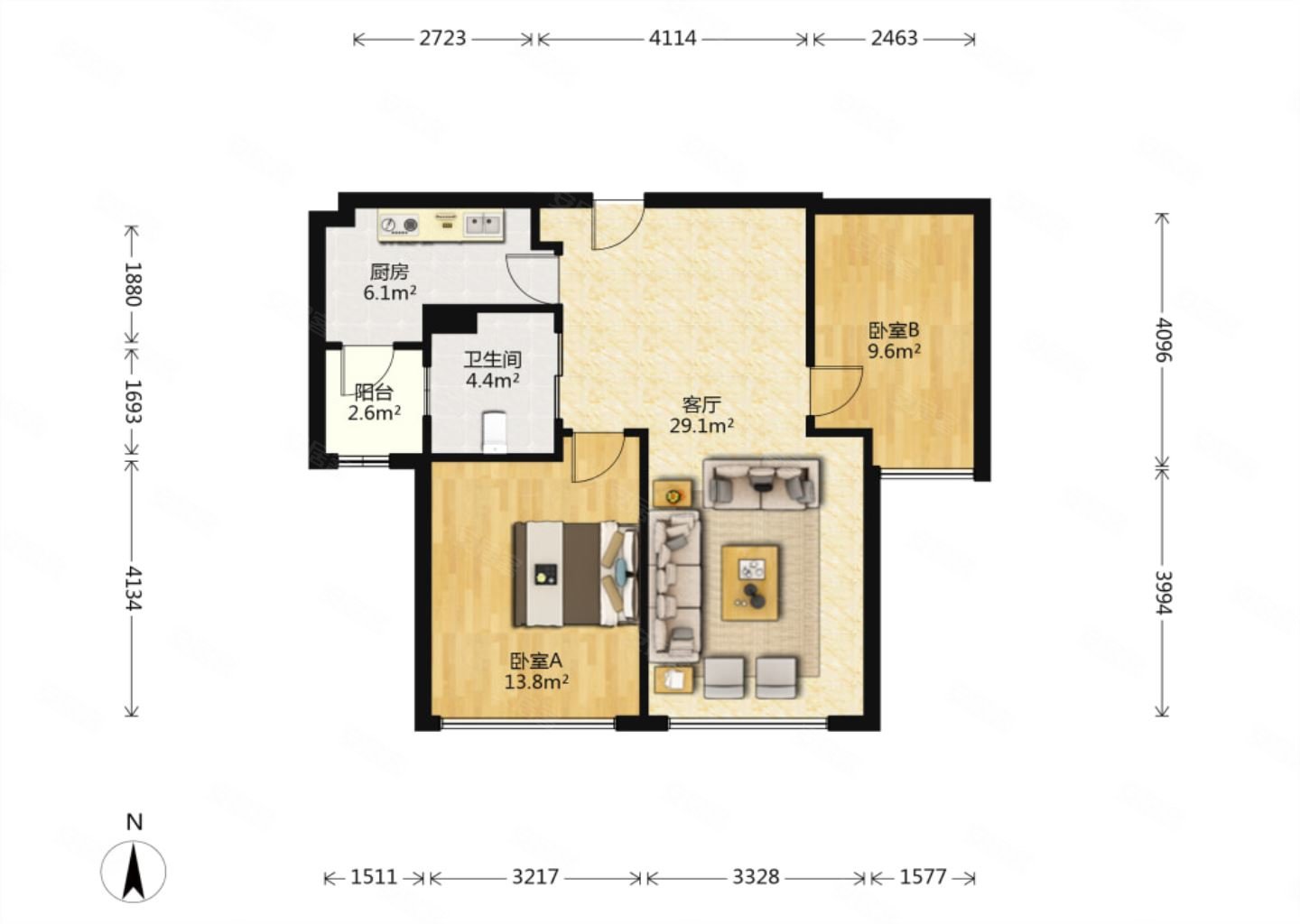 津南区仁恒滨河湾景新花园2室2厅1卫1厨阳台