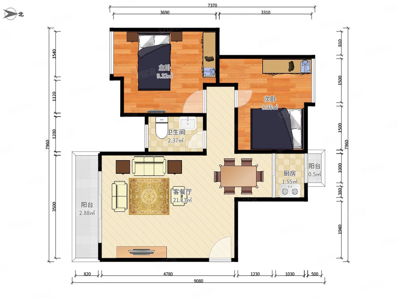 三正半山豪苑2室2厅1卫86㎡南120万