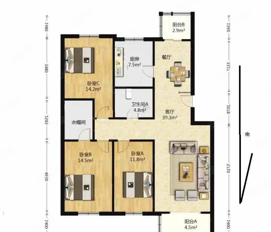 华云园3室2厅2卫127㎡南185万