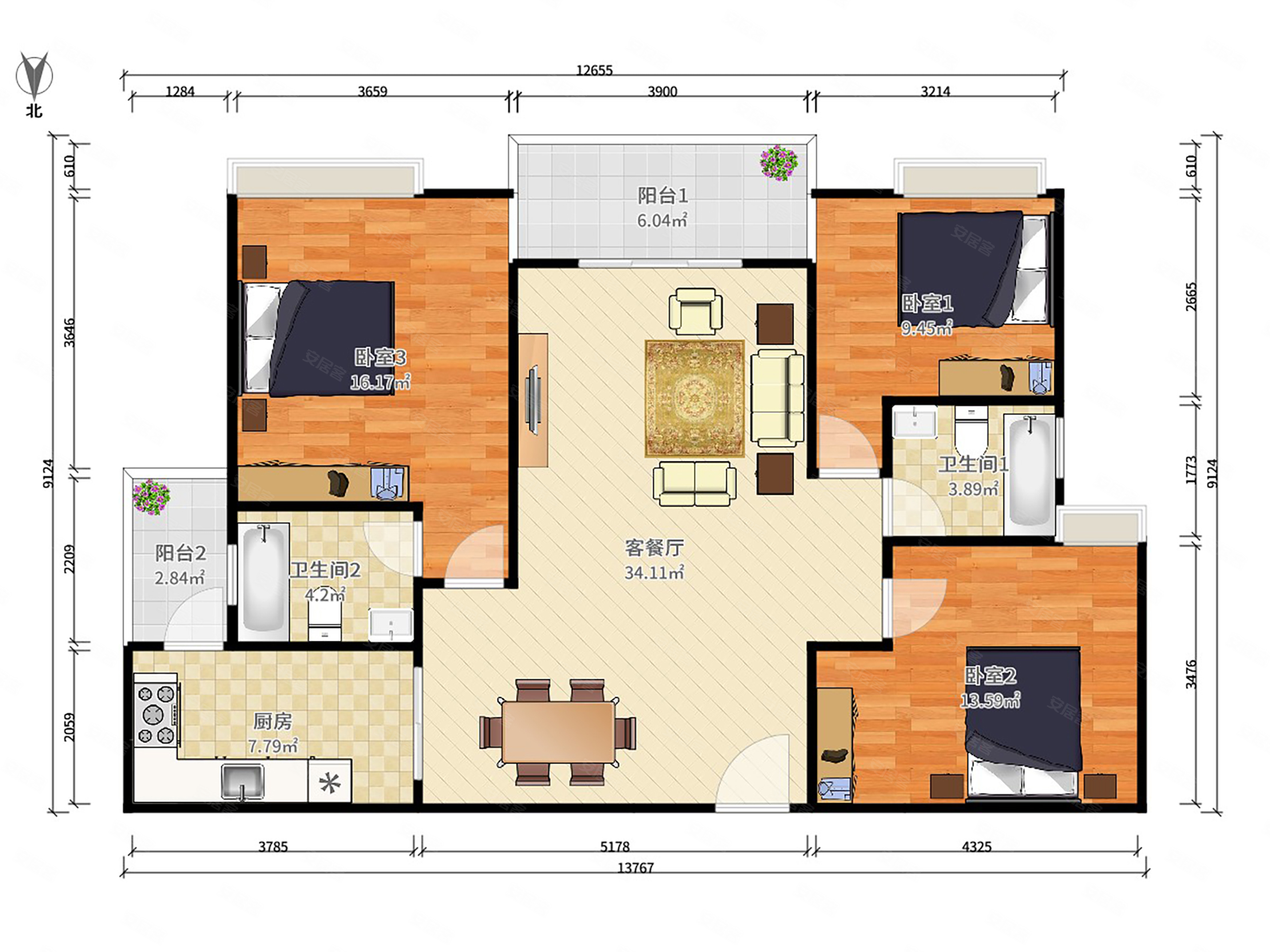 126平 3房2卫,户型方正 双阳台,蓝天金地花园二期二手房,95万,3室2厅