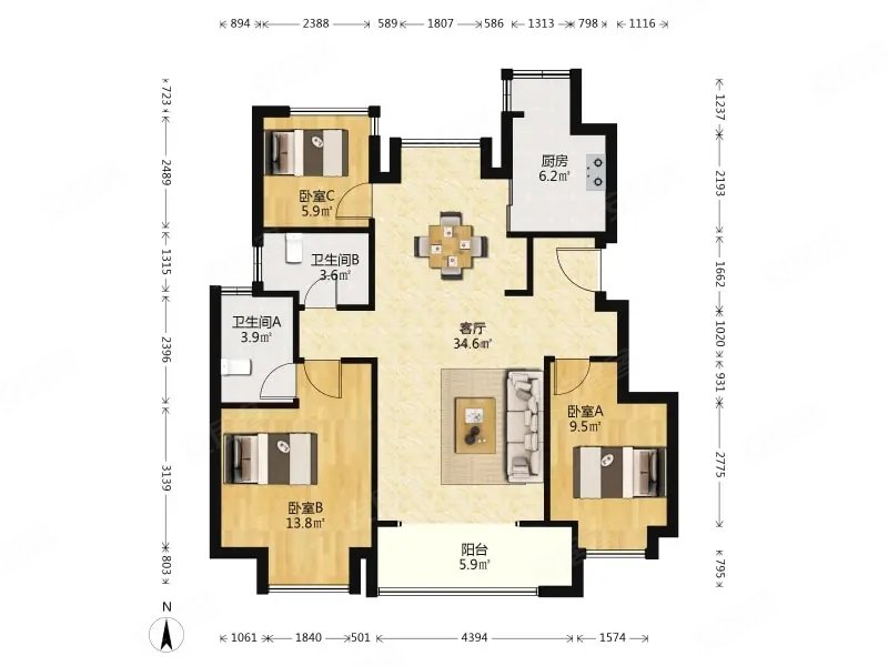 间距大低层白菜30万装修中央空调小三房双卫户型,半岛印象花园二手房
