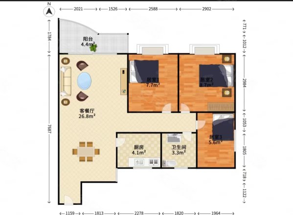 中兆花园3室2厅1卫68㎡南北193万