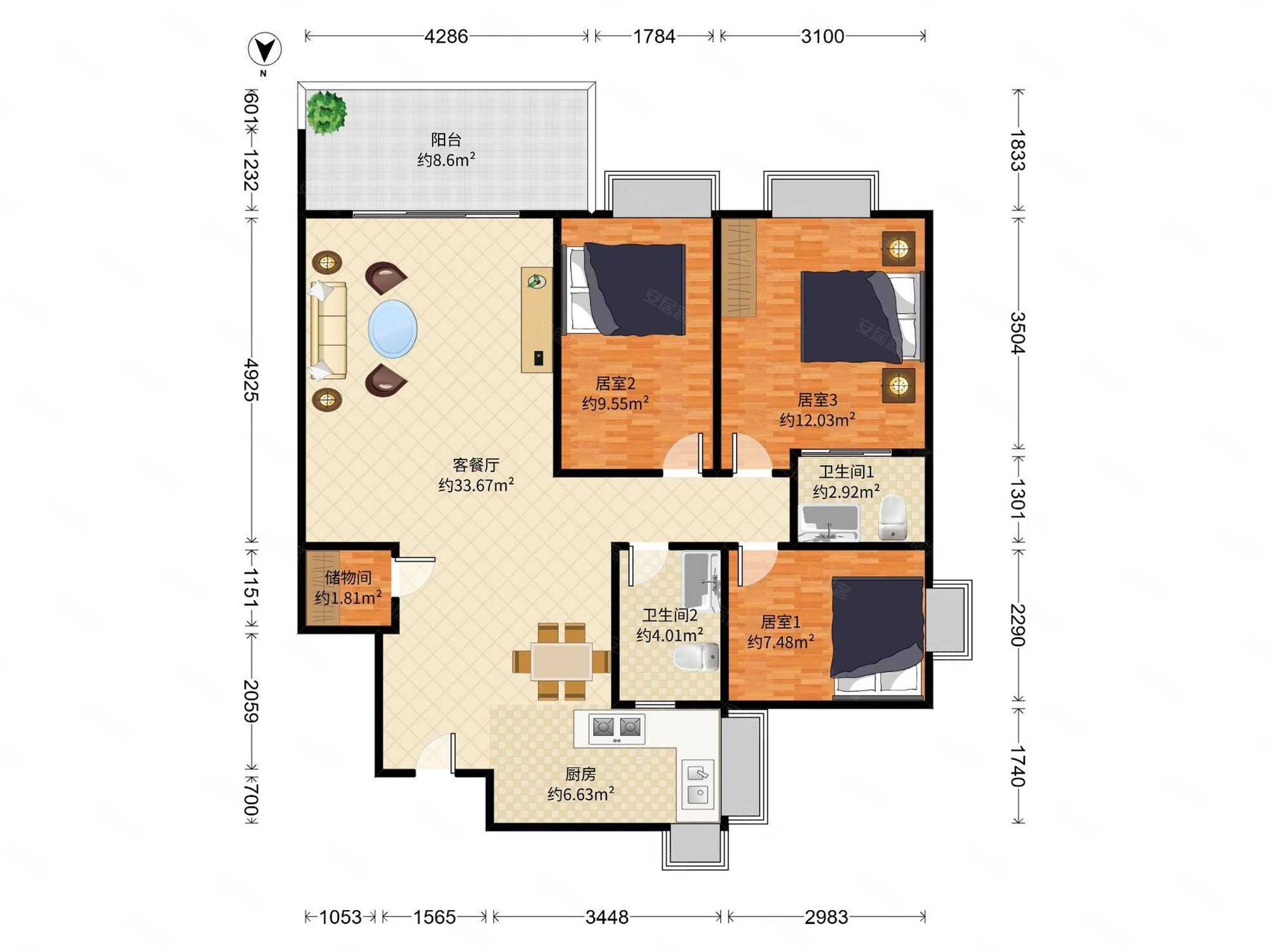 前海花园3室2厅2卫92.8㎡南600万