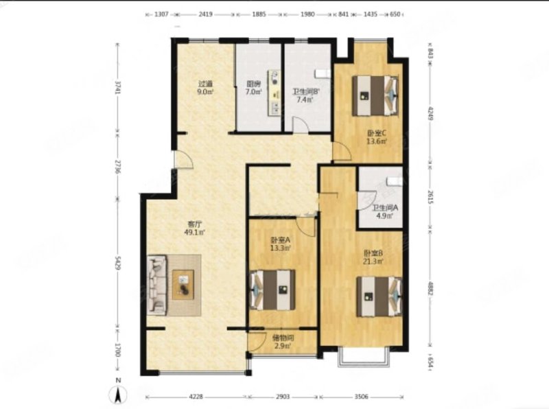 桥华世纪村豪华园3室2厅2卫154㎡南北128万