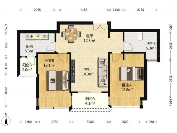 晶耀名邸(一期)2室2厅1卫84㎡南北1500万