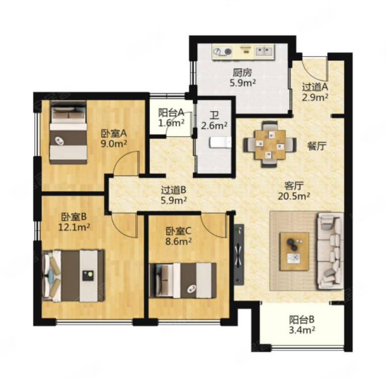周边商圈成熟,万科城(一期)二手房,185万,3室1厅,1卫,89平米-西安安居
