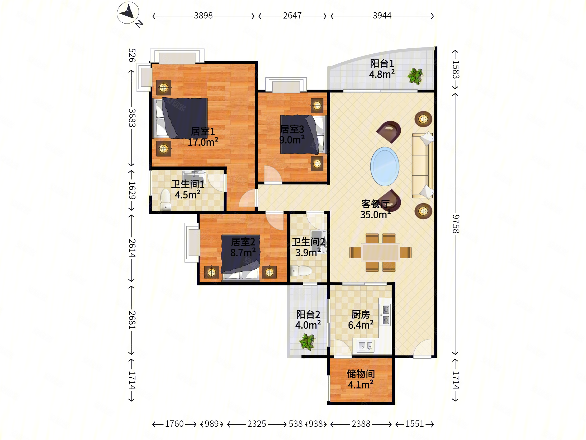 富力现代广场4室2厅2卫123.4㎡南北698万