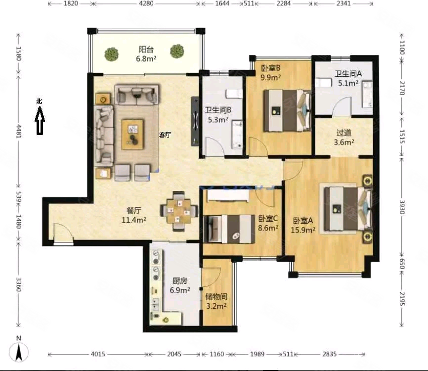 恒大绿洲3室2厅2卫134㎡南135万