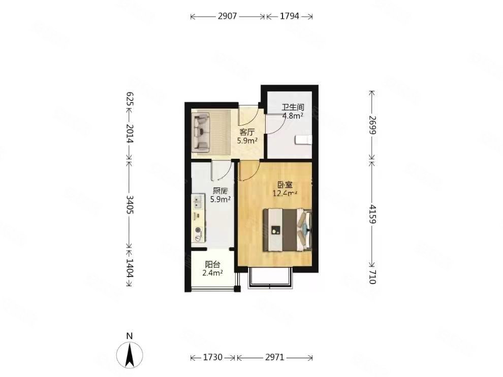 丽霞里1室1厅1卫45.88㎡南北30万