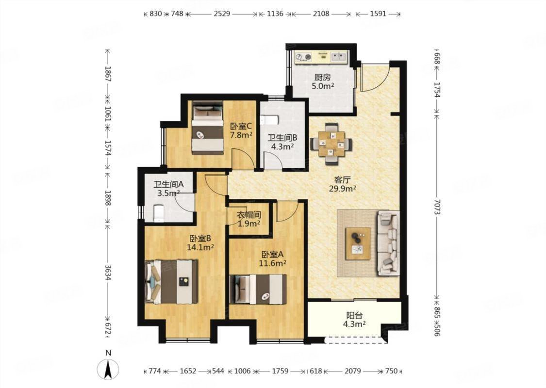 急售汇悦天地三期全房精装带中央空调与地暖老证3房2卫