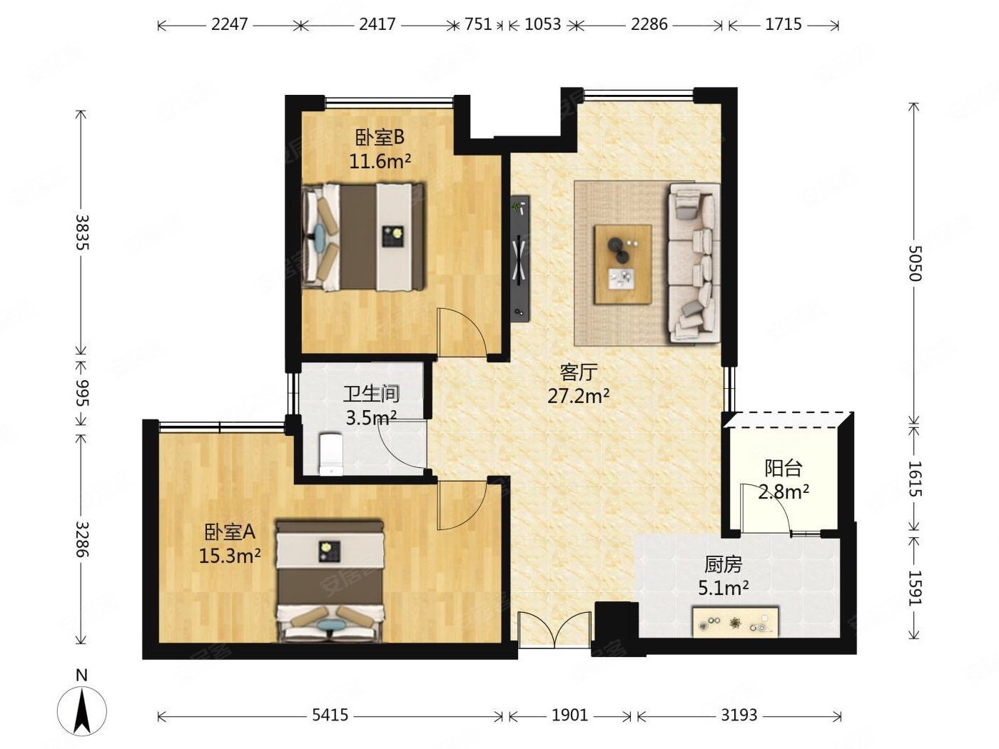 保利香雪2室2厅1卫73㎡南北132万