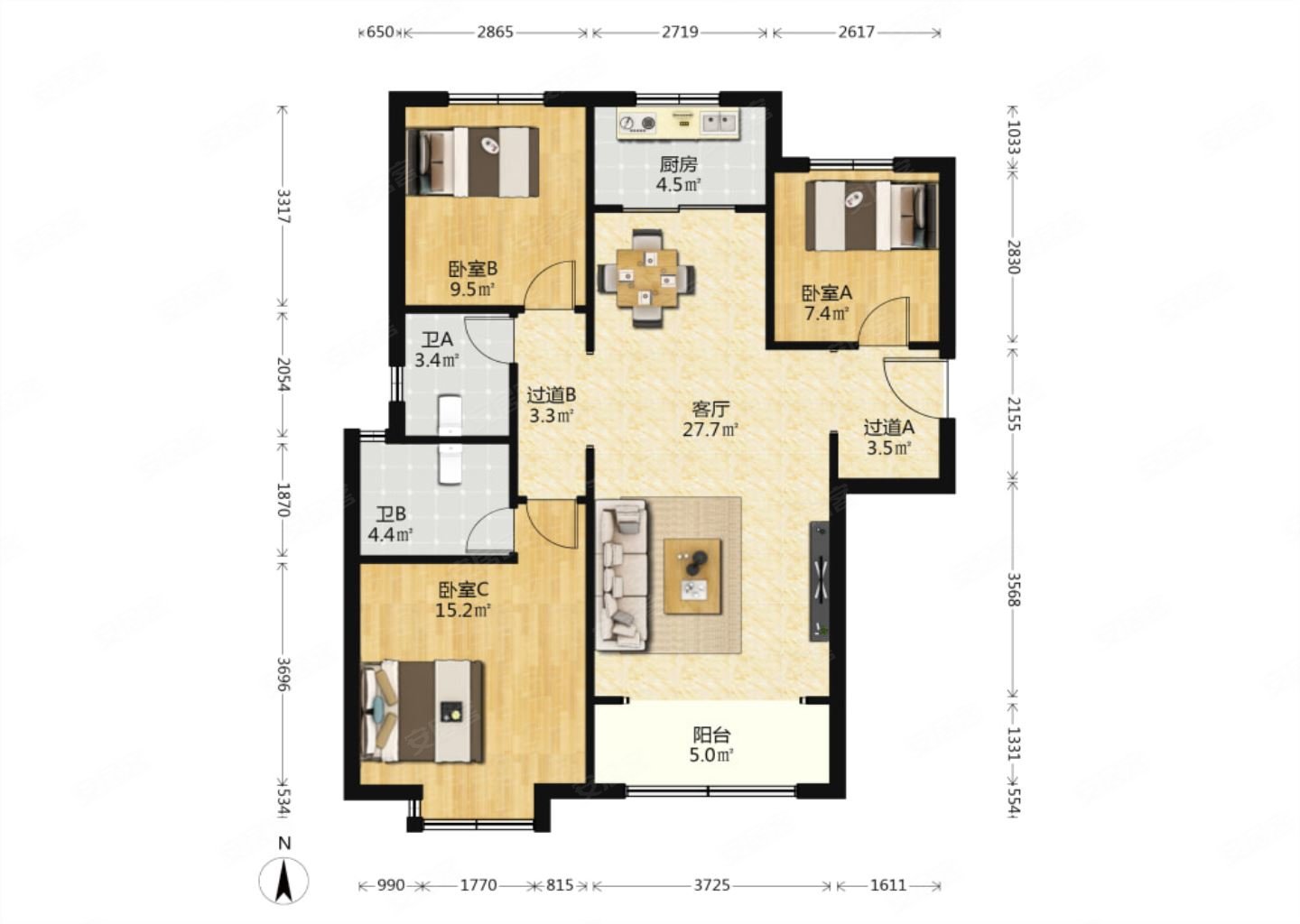 康德郡3室2厅2卫116.67㎡南北137万