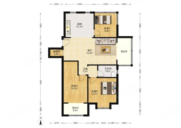 深业华府春天里3室2厅1卫113㎡南北127万