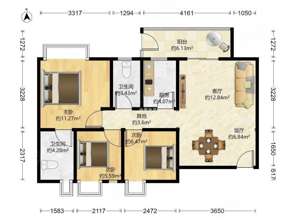 骏景花园3室2厅2卫89.66㎡北398万