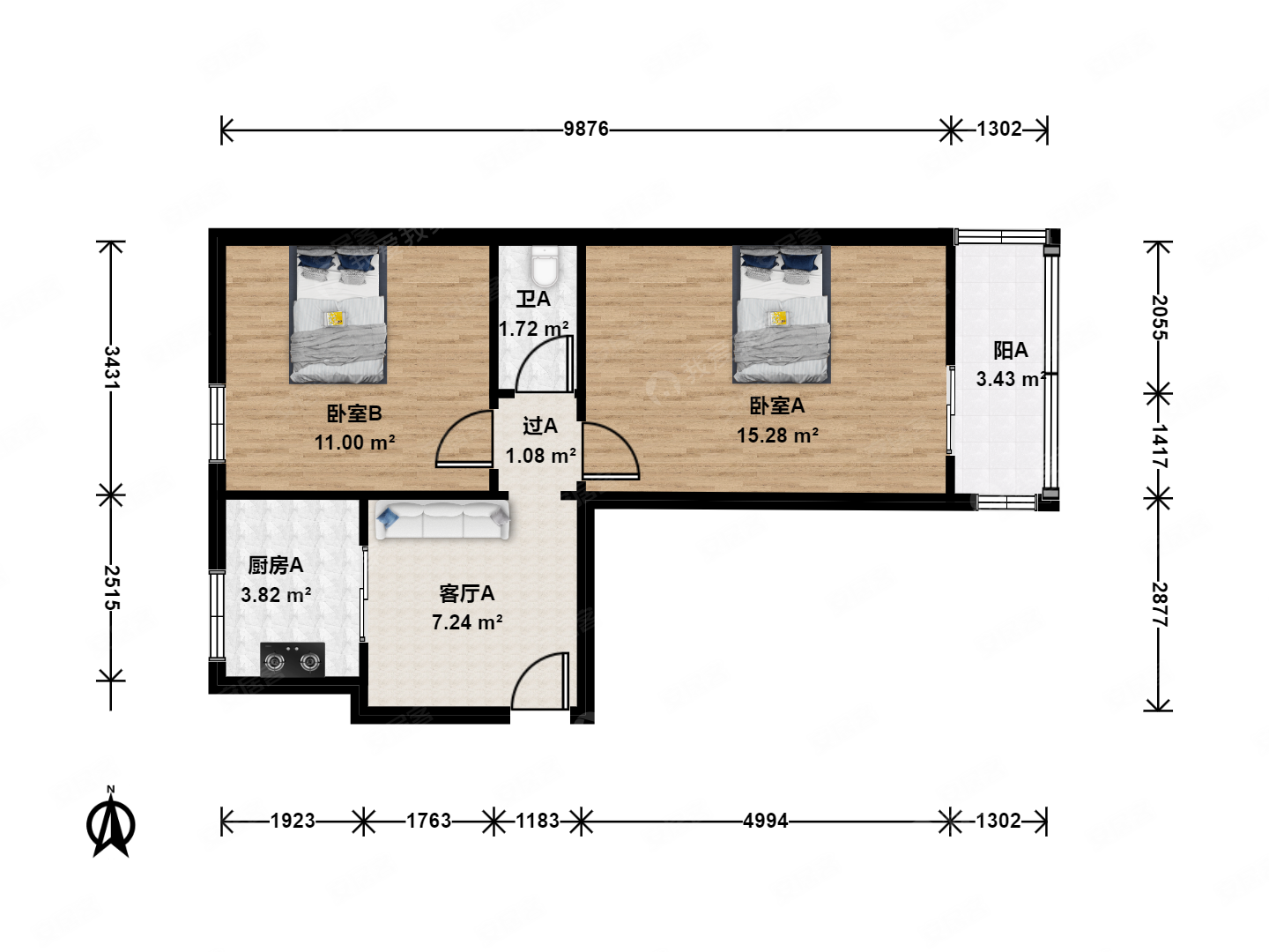 垡头西里2室1厅1卫57.36㎡南北199万