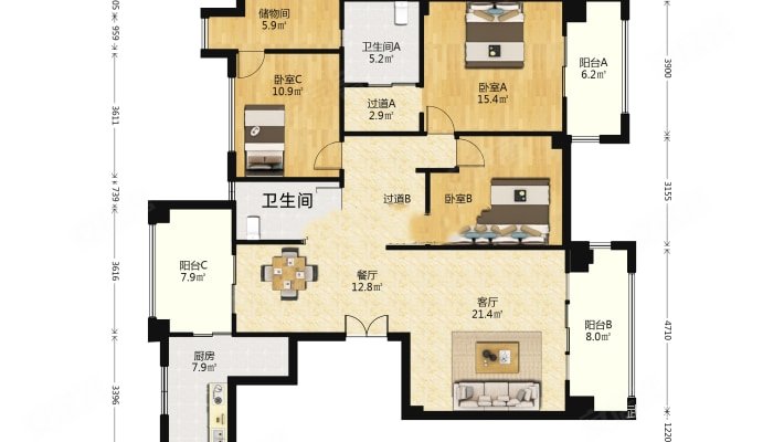 红牌楼市政公园旁 电梯8楼 精装大平层明厨明卫一梯两户大套三