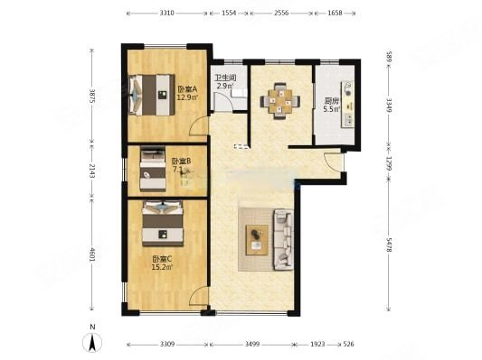 美丽春天府3室2厅2卫91.43㎡南138万