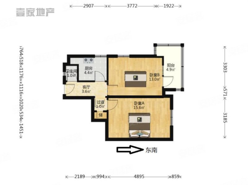 鞍山道小区2室1厅1卫36.86㎡南北155万