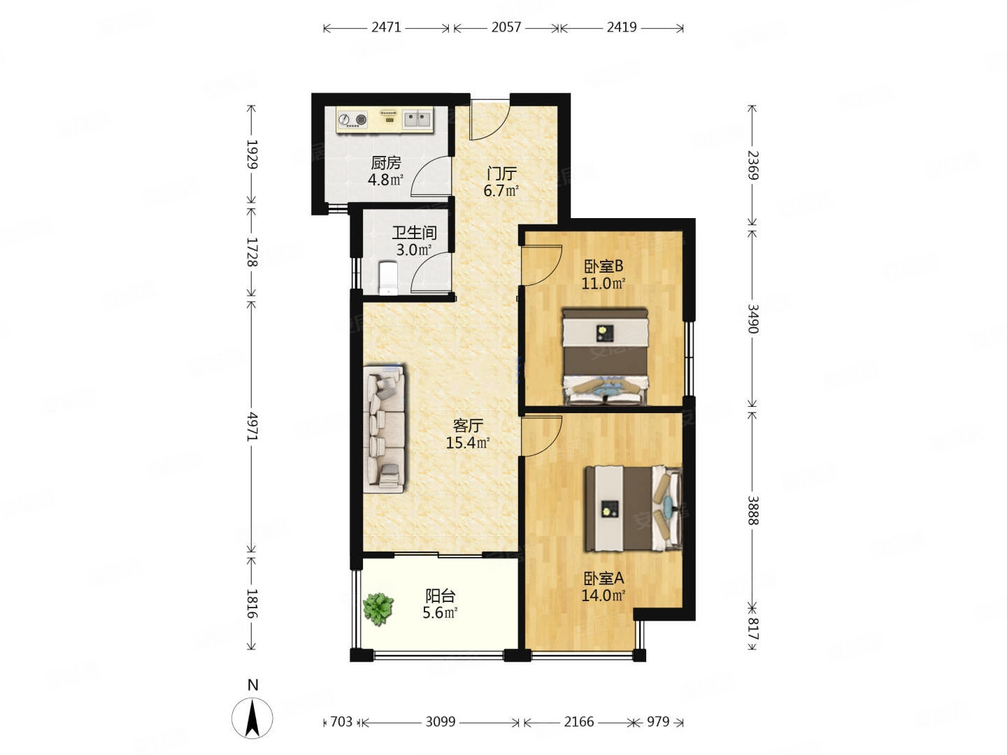 江厦小区2室2厅1卫75㎡南153万