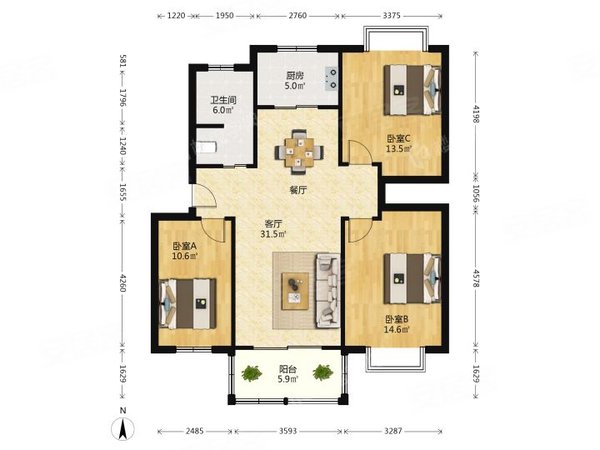绍兴柯桥华舍双周小区整租双周小区 3室2厅 南北出租房源真实图片