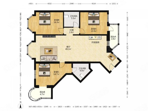 阳光广场3室2厅2卫173㎡东西1050万