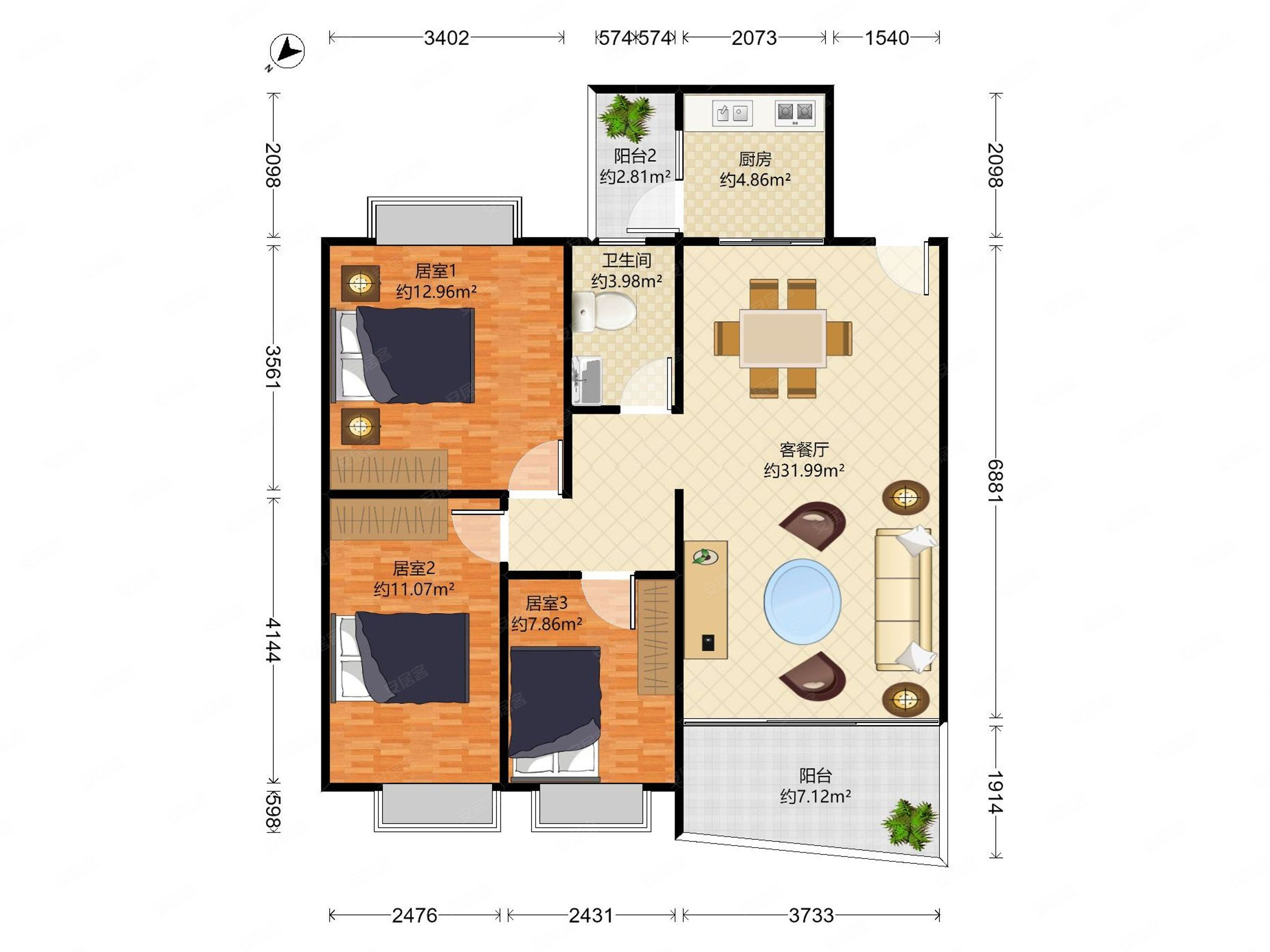 金叶茗苑3室2厅1卫95.96㎡西北402万
