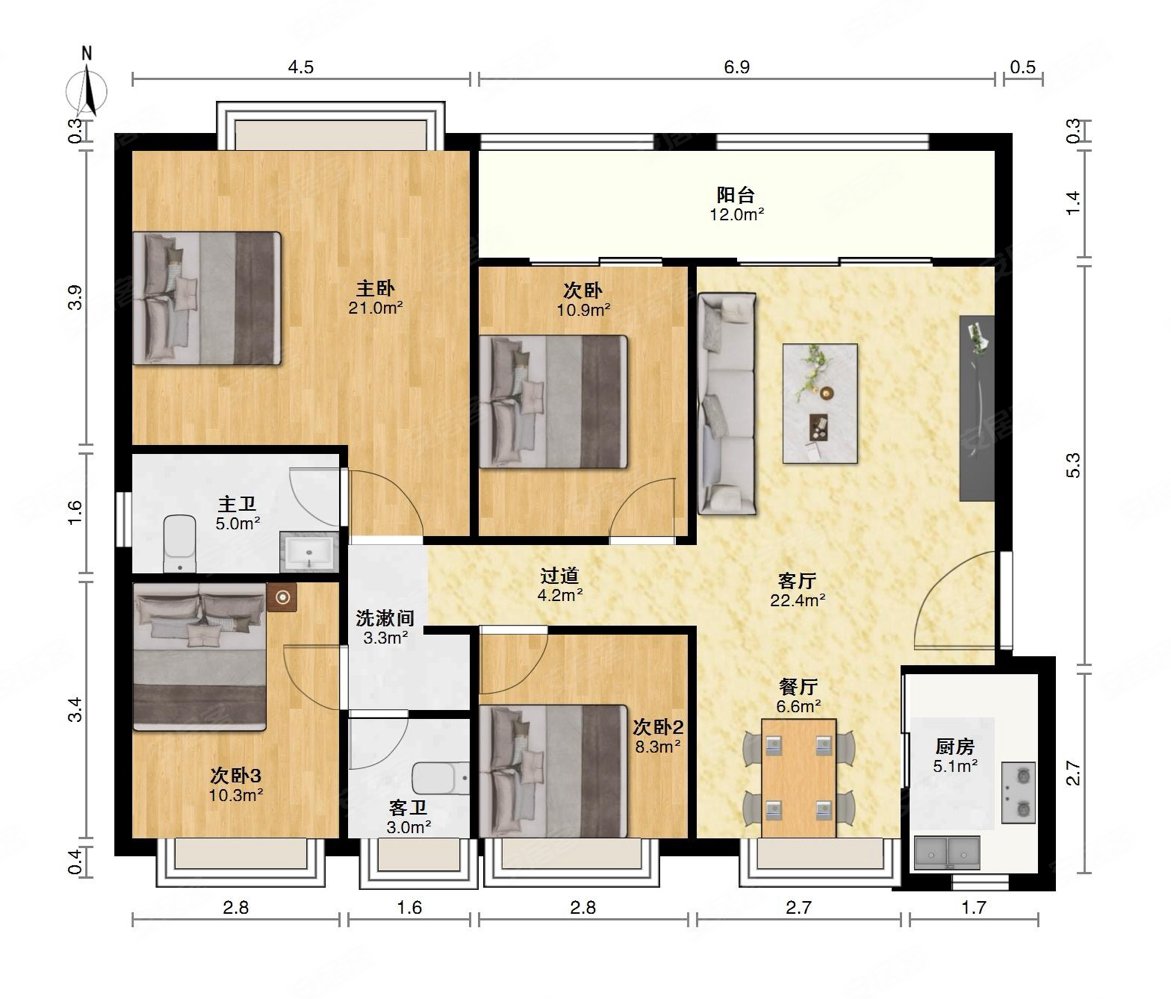 保利香颂三期南北通透四房户型方正中间楼层采光好