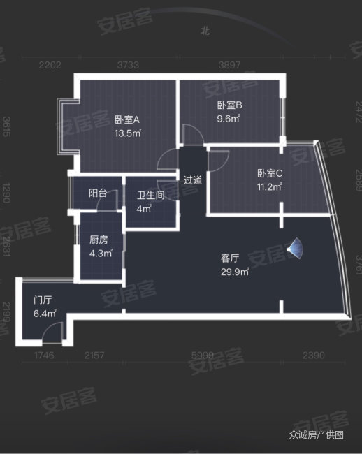 北新润苑(2期)3室2厅1卫89.76㎡南北118万