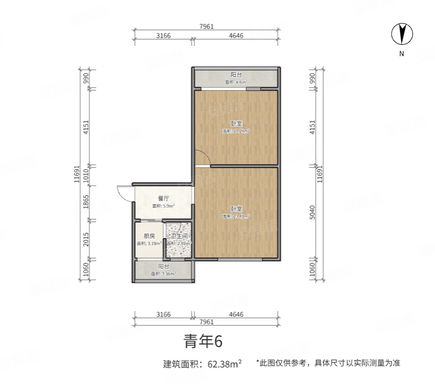 乌兰小区2室1厅1卫62.38㎡南北75万