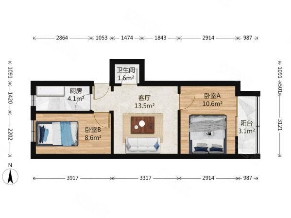 玉林里2室1厅1卫53.9㎡东西328万