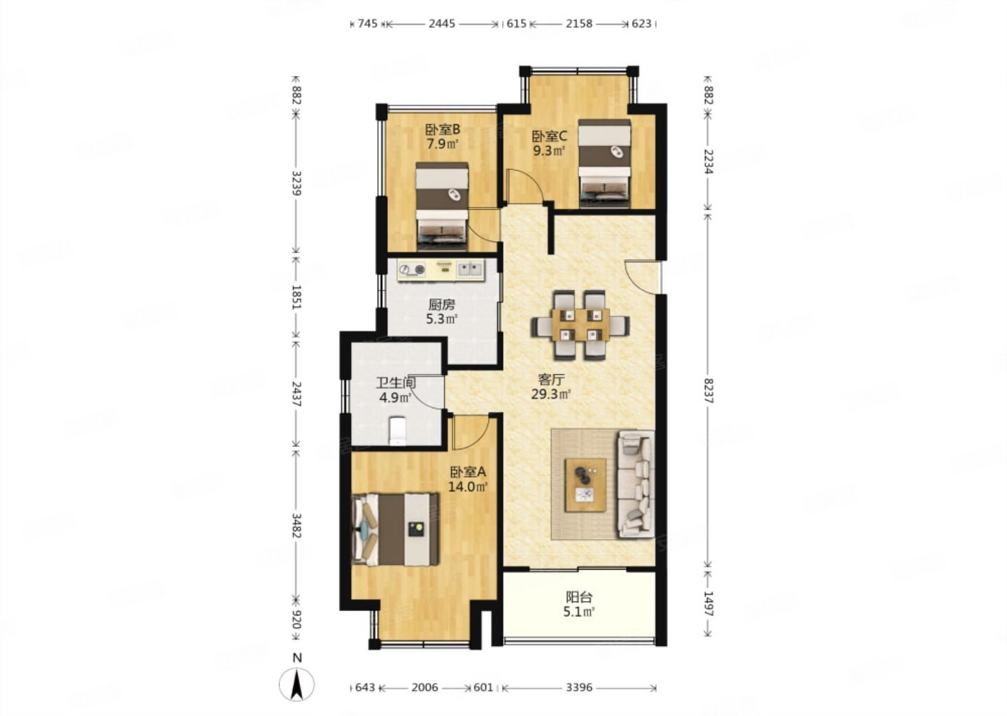 招商依山郡3室1厅1卫90.42㎡南北158万