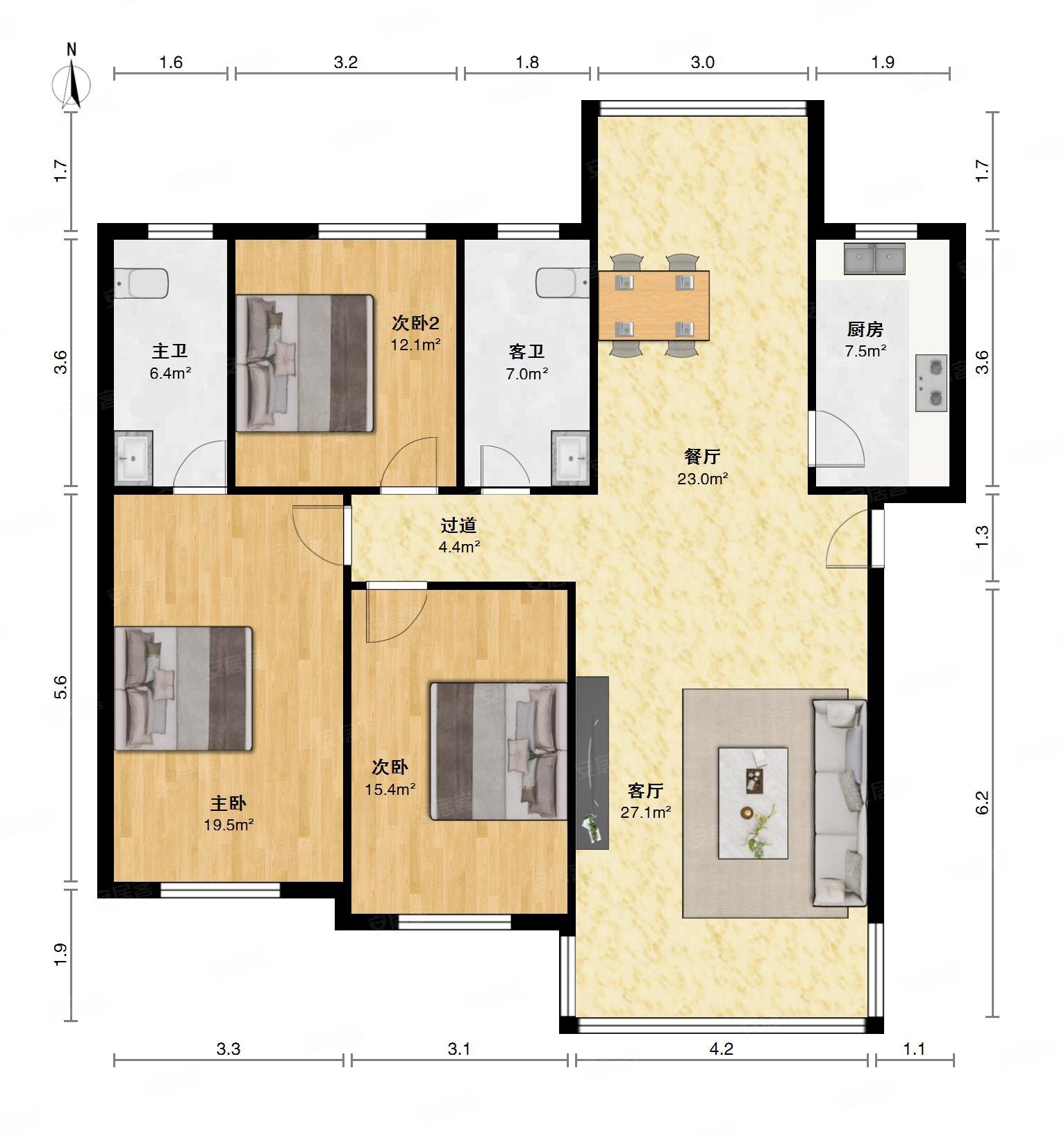 香江花园3室2厅2卫148㎡南北107万