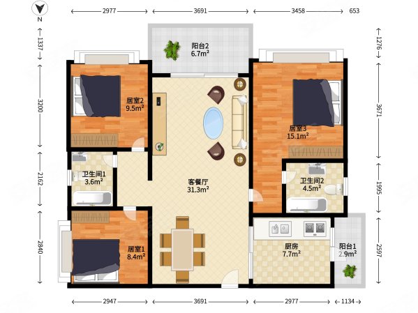 东方玫瑰园3室2厅2卫115.29㎡北71万