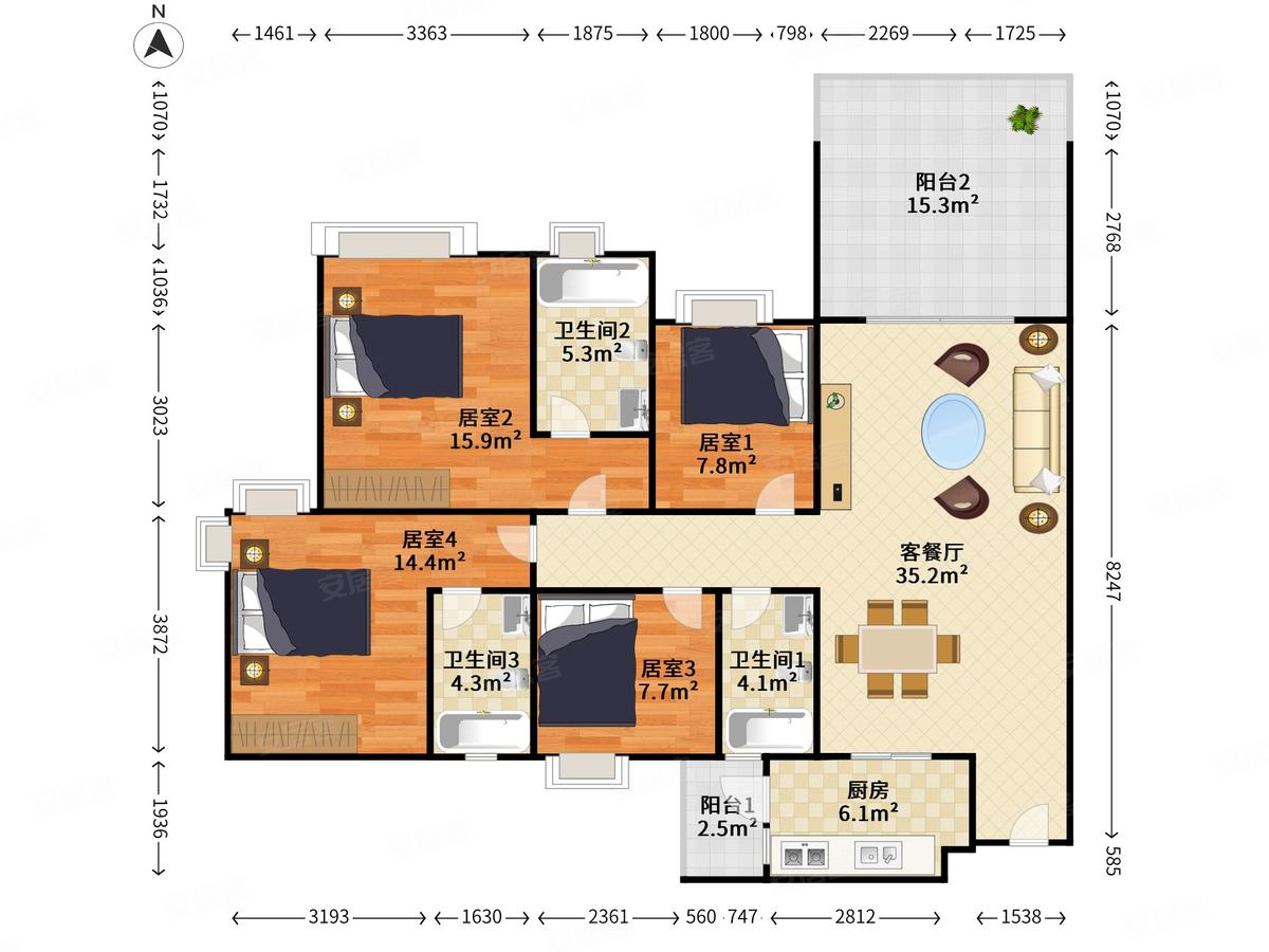 中澳滨河湾(五期六期)二手房,128万,4室2厅,3卫,127.