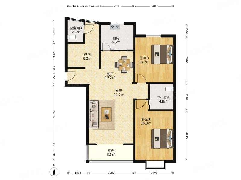 明杨豪苑2室2厅2卫122.76㎡南北998万