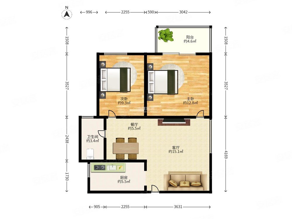 海富花园2室2厅1卫72.54㎡南北320万