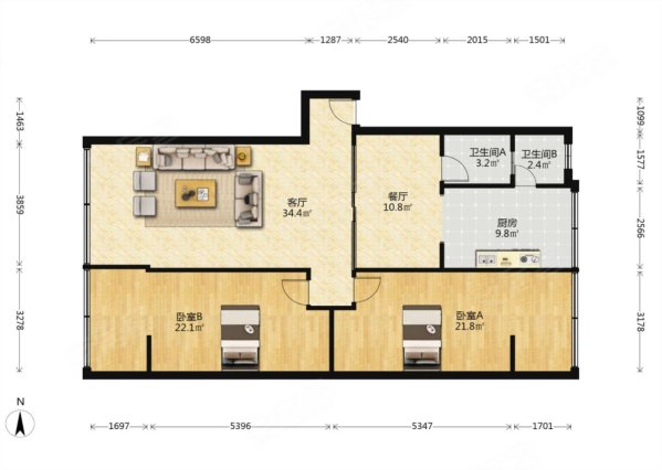 水碾河南三街45号小区2室1厅2卫110.81㎡南北120万