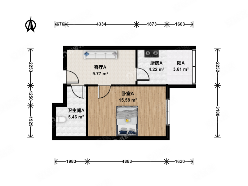 龙海公寓1室1厅1卫51㎡东171万