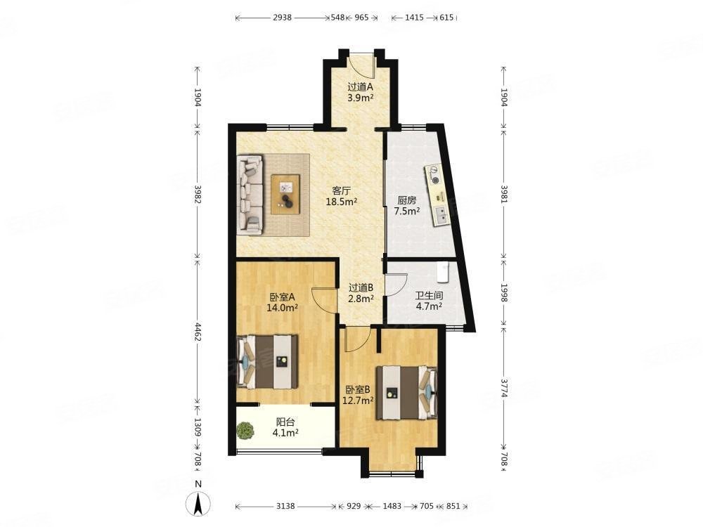 青建橄榄城2室1厅1卫87.91㎡南北172万