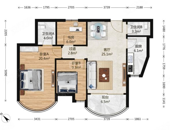 珠江绿洲家园3室1厅2卫118.74㎡西南592万