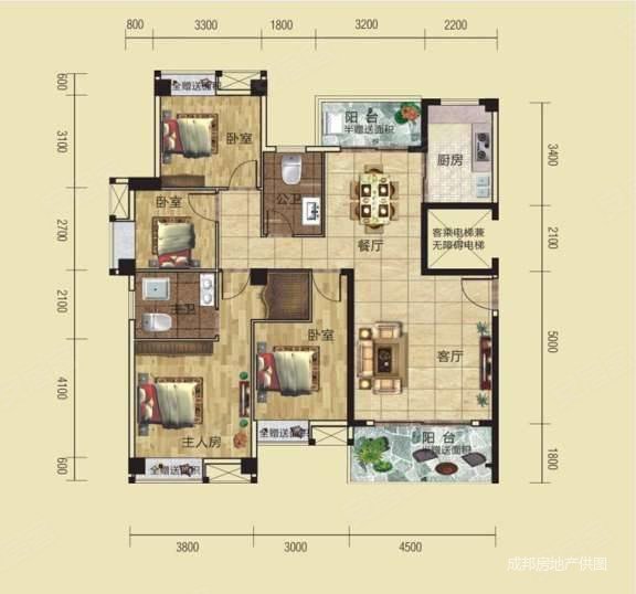 桃诚1号4室2厅2卫123㎡南北54.8万