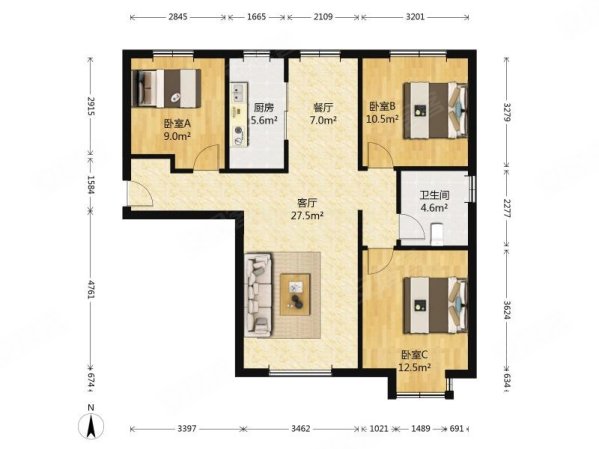 远洋香奈3室2厅1卫104.28㎡南230万