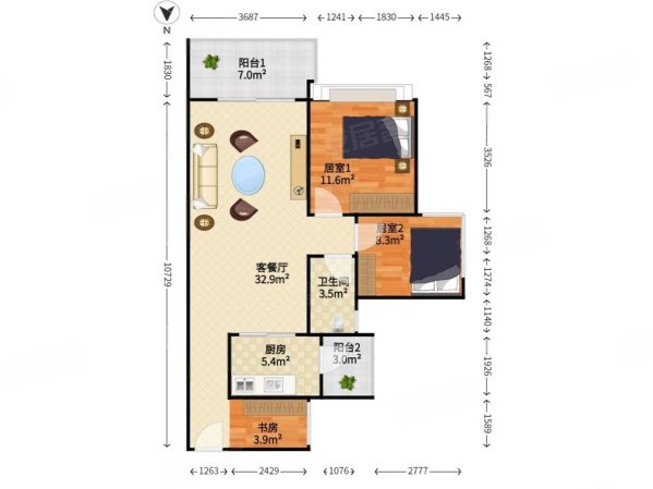 卓能雅苑3室2厅1卫75.54㎡南北402万