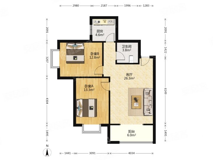 城市皇冠2室2厅1卫89.74㎡西南110万
