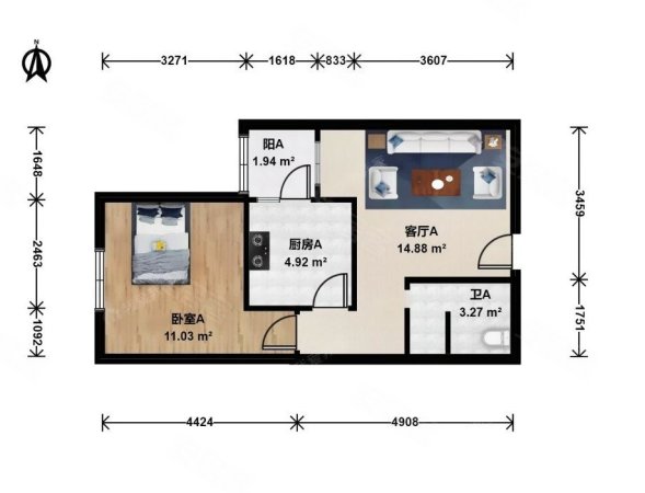 椿树园奥运社区1室1厅1卫47.95㎡西563万