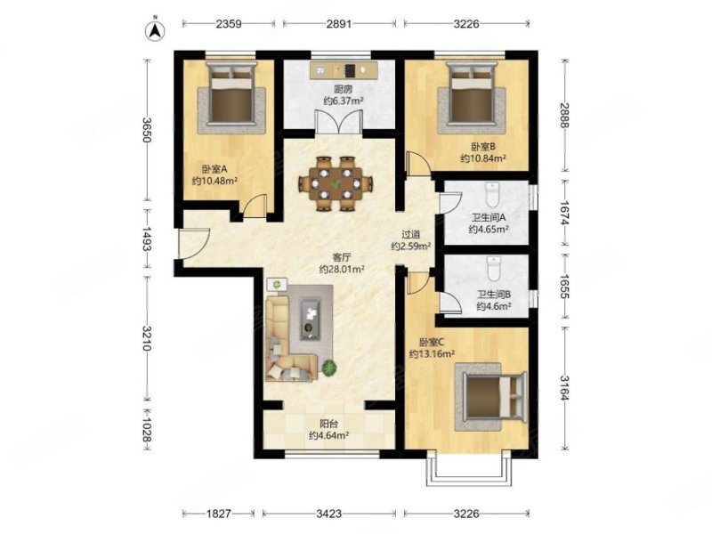 天资华府3室2厅2卫118.61㎡南北336万