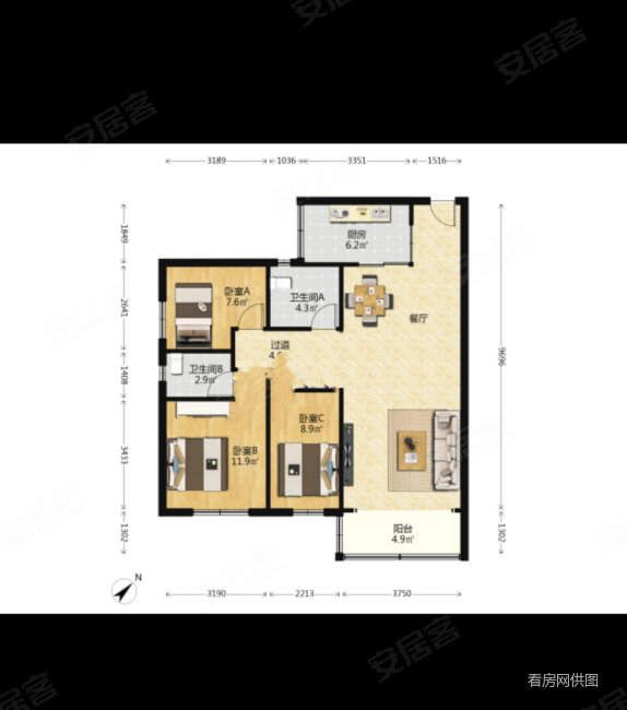 建安新村3室2厅2卫93㎡南北530万